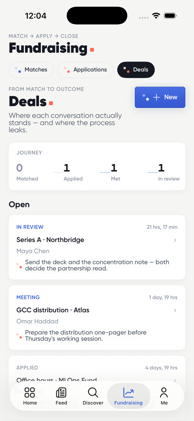 The deals board on iPhone: a Series A in review, a GCC distribution deal at meeting stage, an office-hours application, each with the next thing you owe and how long it has been waiting