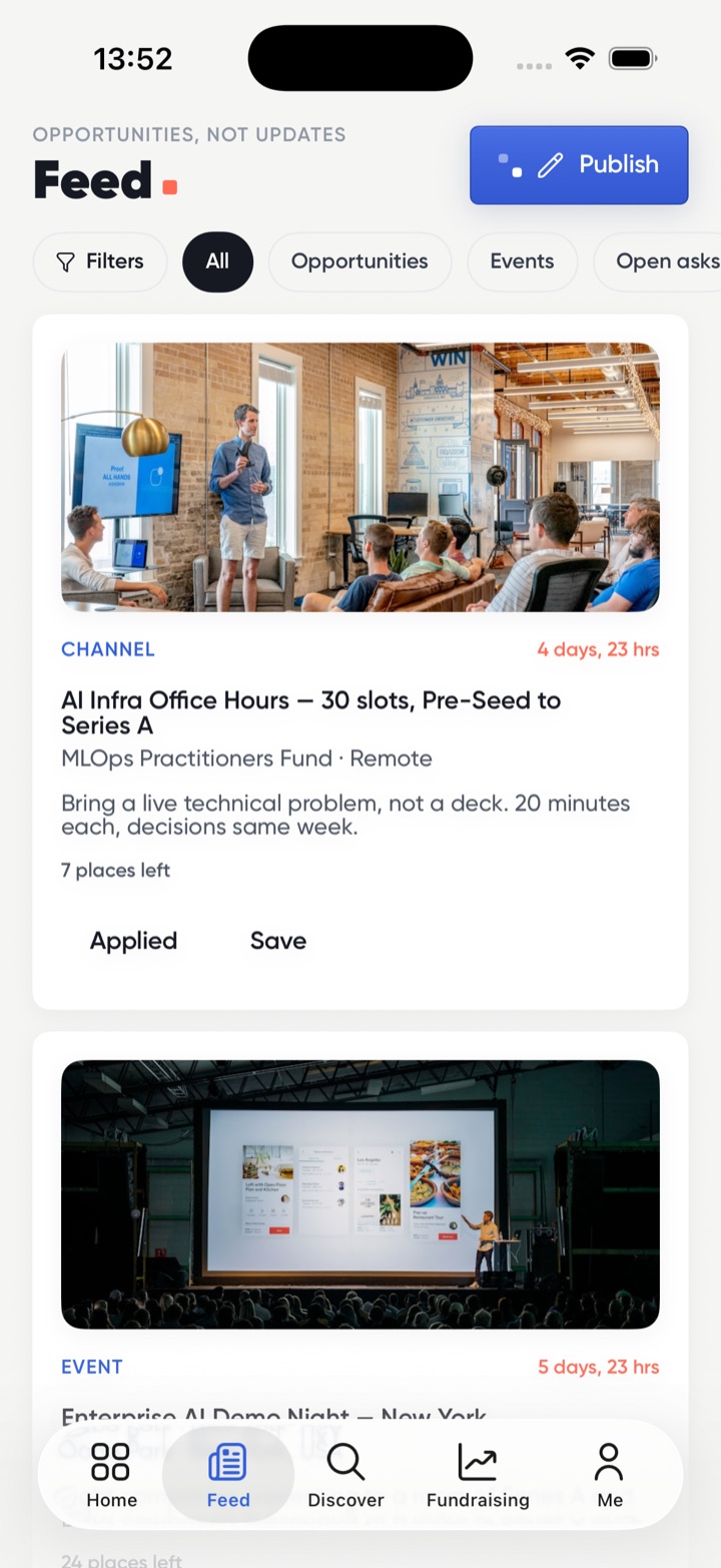 The Deals On feed on iPhone: an AI Infra office-hours channel with 30 slots and seven places left, and an enterprise demo night, each with the time remaining