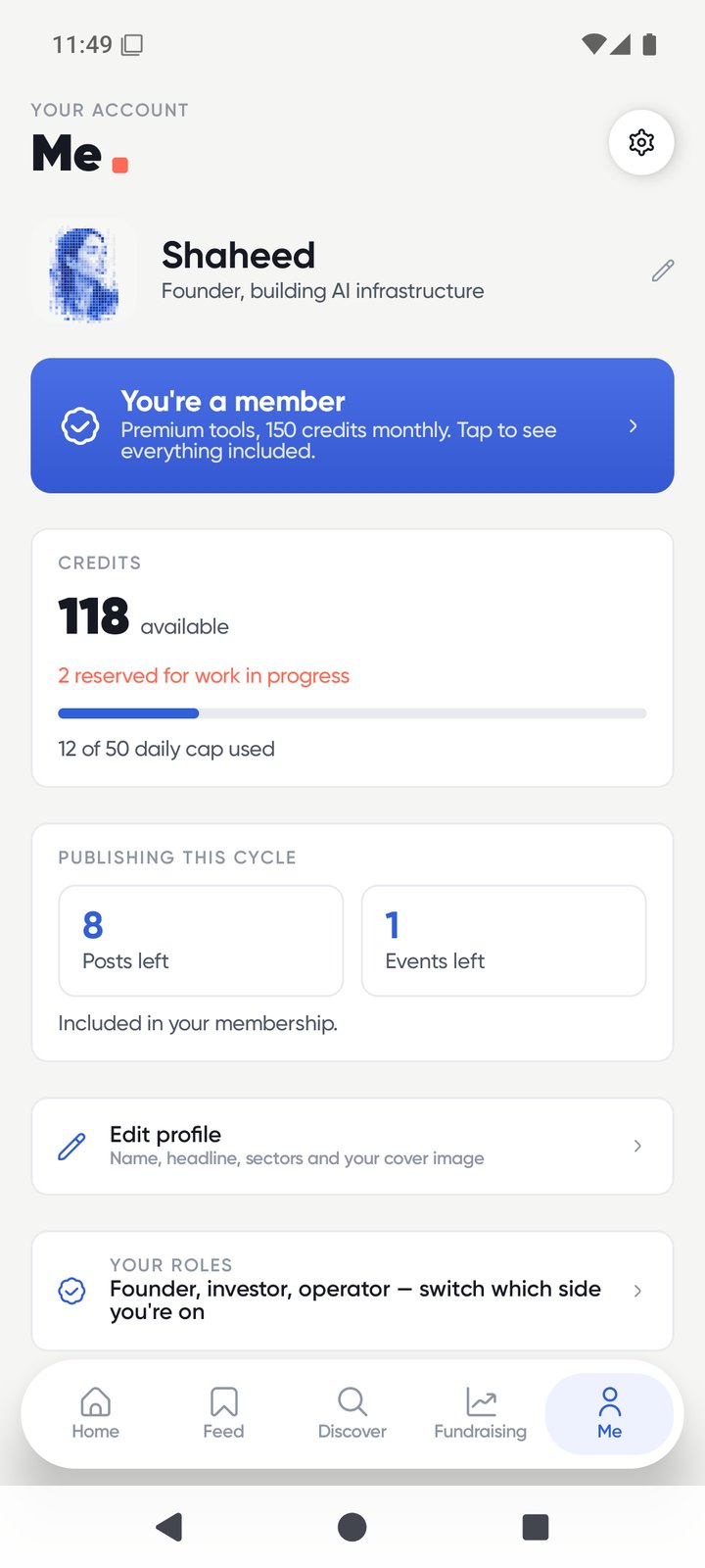 The account screen showing one profile with its pixel portrait, the membership, remaining credits and the publishing allowance for the cycle